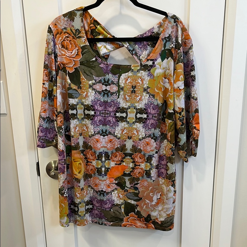 Dress Barn Orange Yellow Graphic Tunic 3/4 Sleeve